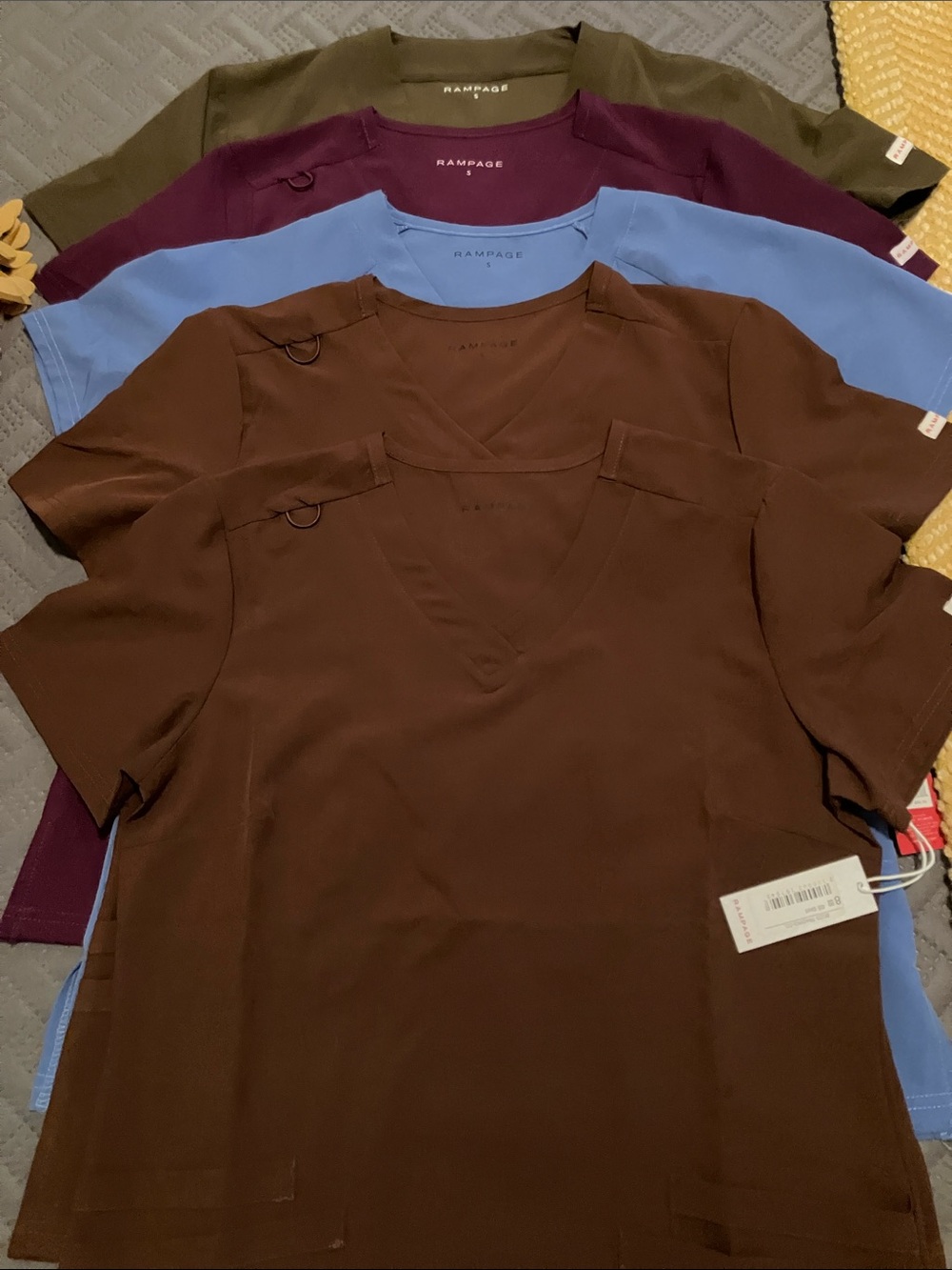 Rampage Scrub Tops in Brown, Light Blue, Olive & Burgundy